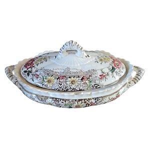 Charming floral covered dish with all the old-world charm.